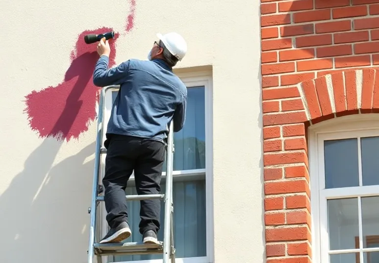 Peintre sur échafaudage traitant la façade d'une maison