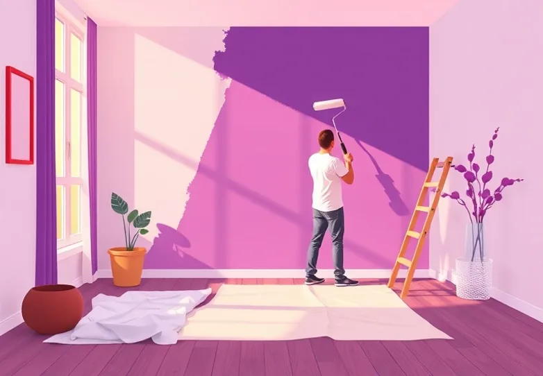 Peintre appliquant la peinture au rouleau sur un mur de salon